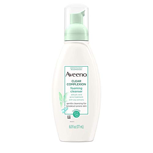 Aveeno Clear Complexion Foaming Oil-Free Facial Cleanser with Soy Extract & 0.5% Salicylic Acid, Acne Treatment Face Wash for Acne-Prone Skin, Sulfate-Free & Hypoallergenic, 6 fl. oz