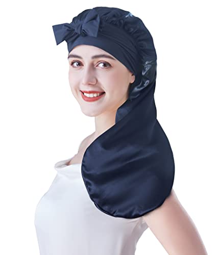 XL Blue Mulberry Silk Sleep Bonnet for Curly Hair - Non-Slip, Adjustable, Long Band