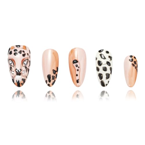 FORBELOVED NAILS,Nude Hand-pained Leopard Handmade Press On Nails,Medium Almond Glue On Nails,Charming 3D Texture Tails False Nails For Women And Girls,10Pcs/Set With Glue,(Nude-L),FOB