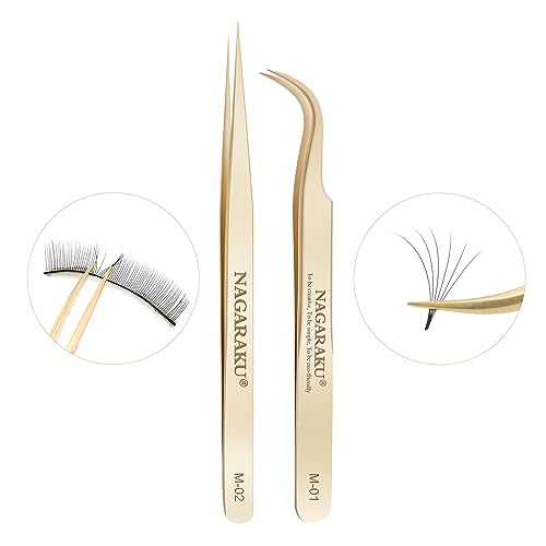 NAGARAKU Tweezers for Eyelash Extensions Straight and Curved Precision Professional Volume Easy Fanning lash Precise Point 1 Pair (M-01 and M-02)