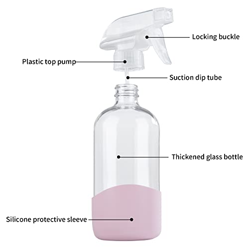 HOMBYS 8 Oz Empty Clear Glass Spray Bottles with Silicone Sleeve Protection Refillable Containers for Cleaning Solutions, Essential Oils, Misting Plants - Quality Sprayer - 3 Pack Boston Bottles
