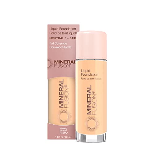 Mineral Fusion Full Coverage Foundation, Liquid Foundation - Neutral 1- Fair Complexion w/Neutral Undertones, Lightweight Matte Finish, Up to 12 Hr Hydration, Hypoallergenic & Vegan, 1 fl. oz