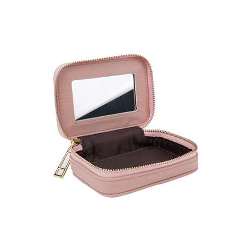 Lipstick Holder with Mirror for Purse, Genuine Leather Makeup Case, Compact Zippered Travel Cosmetic Organizer, Pink