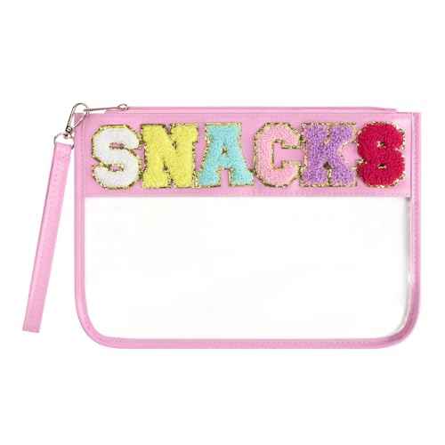 Clear Snack Bag for Travel, Chenille Letter Clear Zipper Snacks Pouch Nylon Cosmetic Bag Makeup Travel Bag for Women