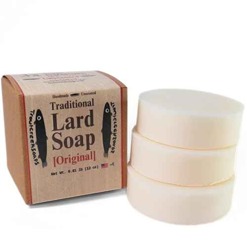 troutcreeksoaps¢ç Traditional Lard Soap, 3 Bars | Natural, Unscented & Biodegradable | Handmade with Just 3 Simple Ingredients | Pig Tallow Bar Soap Made in the USA
