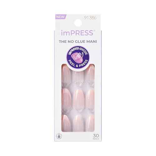 KISS imPRESS No Glue Mani 30 Pcs Press On Nails, Easy Apply, Hassel-Free Removal, Simple Peel & Press, Essential Tools Included, Prep Pad, Instructions Sheet, 1 Manicure Stick, 1 Mini File (Ace)