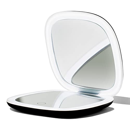 Vanity Planet Pocket Makeup Mirror with Lights & Magnification, Moda - Mini Light-Up Compact & Travel Makeup Mirror - Portable, Adjustable & Rechargeable LED Magnifying Mirror for On-The-Go - Black