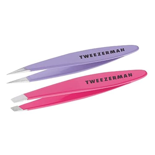 Tweezerman Mini Slant and Point Tip Tweezer - Tweezers Set for Eyebrows, Travel Tweezers for Eyebrows, Facial Hair