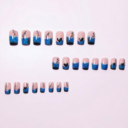 Short French Tip Press on Nails with Blue Glitter Hearts - 24PCS