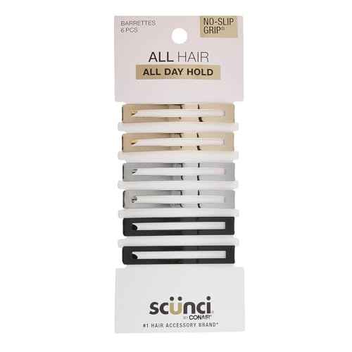 Scunci by Conair No-Slip Grip Stay Tight Barrettes - hair barrettes for women - hair accessories for women - hair clips - Gold, Black and Silver - 6 Count