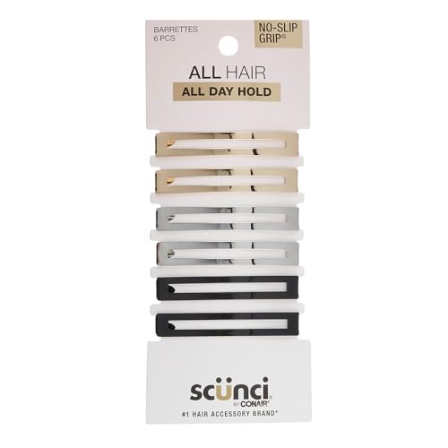 Conair Scunci No-Slip Grip Stay Tight Hair Barrettes - 6 Pack in Gold, Black & Silver