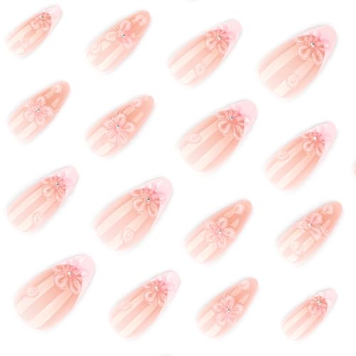 UZJXQ Style-19 Medium Almond Pink Press-On Nails with 3D Flower Design, Glossy Fake Nails for Women Menicure, 24Pcs