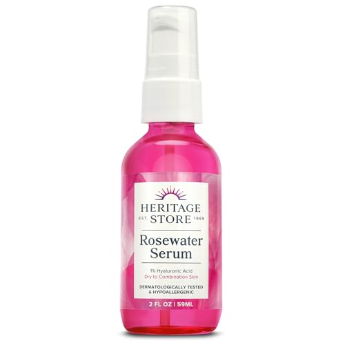 HERITAGE STORE Rosewater Facial Serum, 1% Hyaluronic Acid - Deep Hydration for Dry/Combination Skin Care - Minimizes Look of Fine Lines and Wrinkles, Adds a Natural Glow - Hypoallergenic, Vegan, 2oz