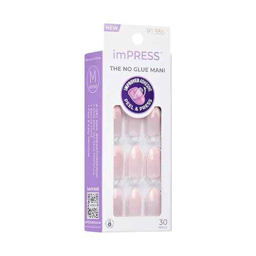 KISS imPRESS No Glue Mani 30 Pcs Press On Nails, Easy Apply, Hassel-Free Removal, Simple Peel & Press, Essential Tools Included, Prep Pad, Instructions Sheet, 1 Manicure Stick, 1 Mini File (Ace)
