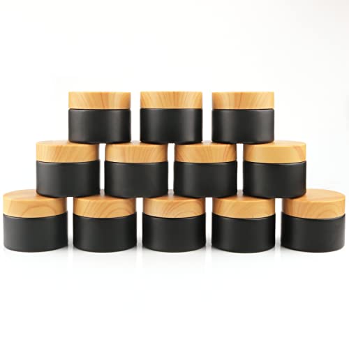 12 Pack 50gram/1.7oz Glass Cream Jars Empty Frosted Sample Containers Refillable Cosmetic Jar Vials with Plastic Wood Grain Lid&Inner Liner for Lotion Face Cream Moisturiser Gel Ointment - Black