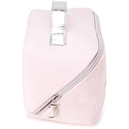 Juicy Couture Pink Makeup Bag Cosmetics Organizer Travel Essentials Cross Zip Velour Rhinestone Silver Handle