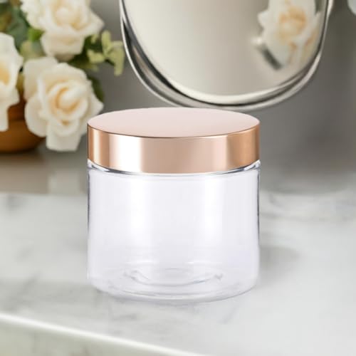 (6 Pack) 8 oz Clear PET Plastic Jar with Luxury Gold Metal Overshell Lid Refillable Storage Airtight
