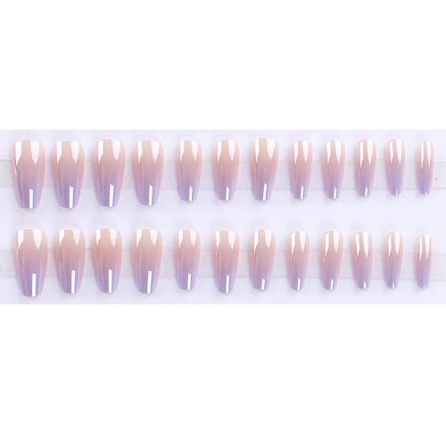 MERVF Coffin Press on Nails Long Fake Nails Press ons Purple Ombre French Tip Glue on Nails with Chrome Design Electroplate Ballerina Acrylic False Nails Glossy 24pcs