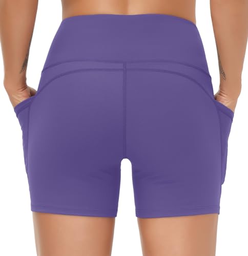 THE GYM PEOPLE High Waist Yoga Shorts for Women's Tummy Control Fitness Athletic Workout Running Shorts with Deep Pockets Bright Purple