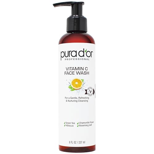 PURA D'OR 8 Oz Vitamin C Face Wash - Antioxidant Rich Brightening Facial Cleanser For Radiant Glow & Even Skin Tone - Gentle, Refreshing, Nurturing, Hydrating - Sulfate & Paraben Free - All Skin Types