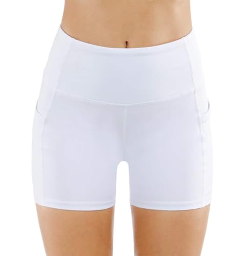 THE GYM PEOPLE High Waist Yoga Shorts for Women Tummy Control Fitness Athletic Workout Running Shorts with Deep Pockets (X-Small, White)