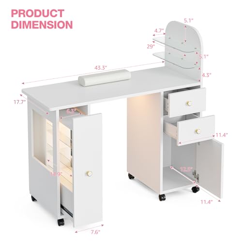 Professional Nail Desk with LED Display Cabinet & Storage