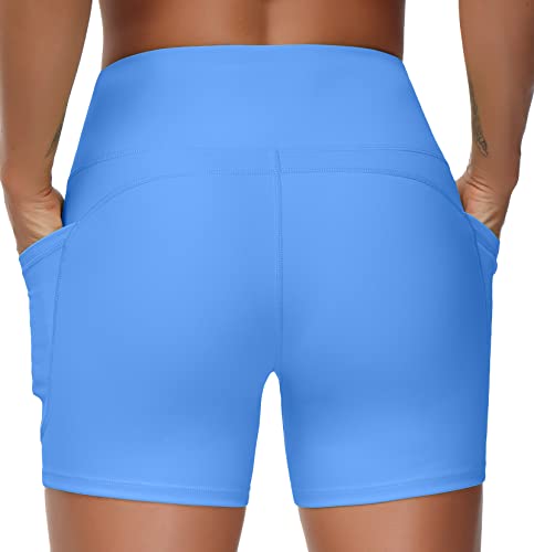 THE GYM PEOPLE High Waist Yoga Shorts for Women's Tummy Control Fitness Athletic Workout Running Shorts with Deep Pockets(Small, Sea Blue)