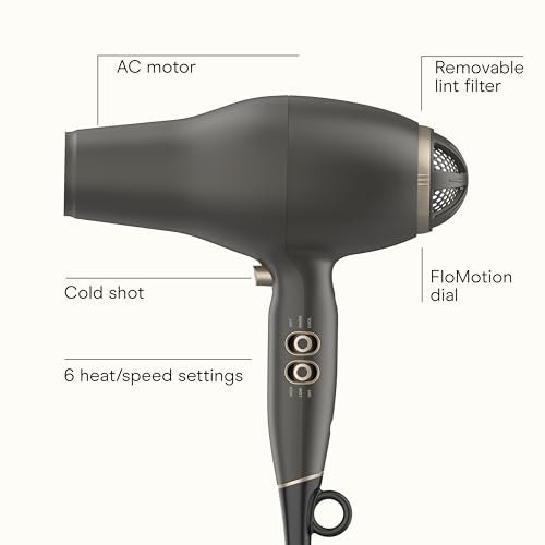 INFINITI PRO CONAIR FloMotion Pro Hair Dryer, Personalize Your Drying Experience with Adjustable Airflow and 6 Heat/Speed Settings, Blow Dryer with Diffuser and Concentrator Attachments, Black