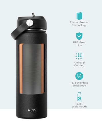 BUZIO 22oz Insulated Water Bottle with Straw Lid and Flex Cap, Wide Mouth Vacuum Insulated Stainless Steel Double Wall Water Flask,Cold for 48 Hrs Hot for 24 Hrs Simple Thermo Canteen Mug, Black