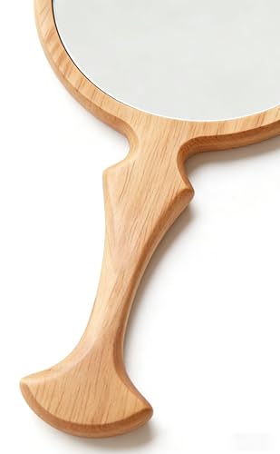 Wooden Handheld Mirror 5.1" Vintage Round Beech Wood with Handle