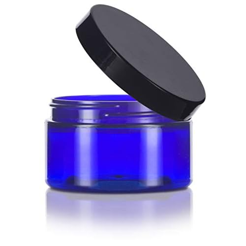 4 oz Cobalt Blue PET Plastic Low Profile Jar with Black Lids (12 pack) Refillable Empty Containers