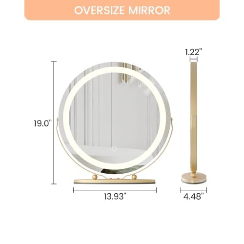 Vanity Mirror with Led Lights, 19 Inches Touch Control 3 Color 2024 New Dimmable Makeup Mirror, 360¡ÆRotation Round Desk Mirror, Easy to Assemble (Gold)