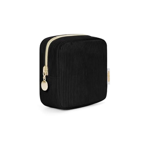 Wandering Nature Small Makeup Bag for Purse Mini Make up Pouch Cute Cosmetic Pouch for Women with Slip-in Pockets Corduroy, Black