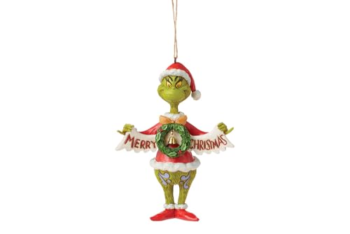 Enesco Dr. Seuss Grinch by Jim Shore Santa Grinch Holding Merry Christmas Banner Hanging Ornament, Hand Crafted, Hand Painted Collectible Christmas Tree Ornaments Decor Gift, 5.25 Inch, Multicolor