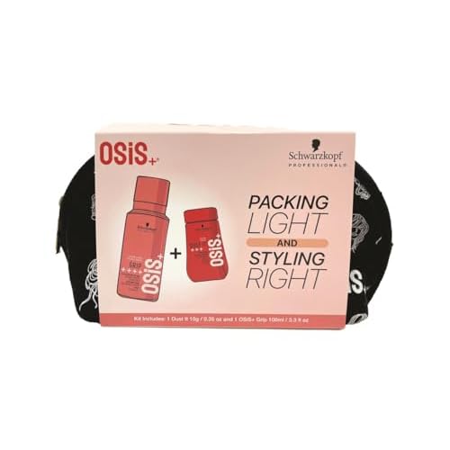 OSiS+ Packing Light and Styling Right Travel Hair Styling Kit - Includes Dust It Mattifying Volume Hair Powder, Travel Size Grip Extreme Hold Mousse, Limited-Edition Travel-Size Makeup Bag Gift Set