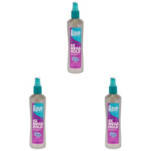 rave 4X Mega Long-Lasting Firm Hold Hair Spray for Heat Protection, Volume and Shine - 24 Hour Hold & Anti Humidity Spray for Hair - Minimizes Frizz - Unscented & Non Aerosol - 11 Fl Oz (Pack of 3)