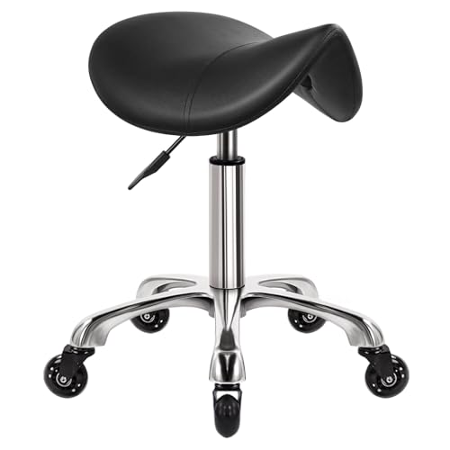 Heavy Duty Saddle Rolling Stool with Wheels Hydraulic Swivel Adjustable Rolling Stool Ergonomic Thick Leather Seat Chair for Kitchen Drafting Lab Office Salon Massage ? Black