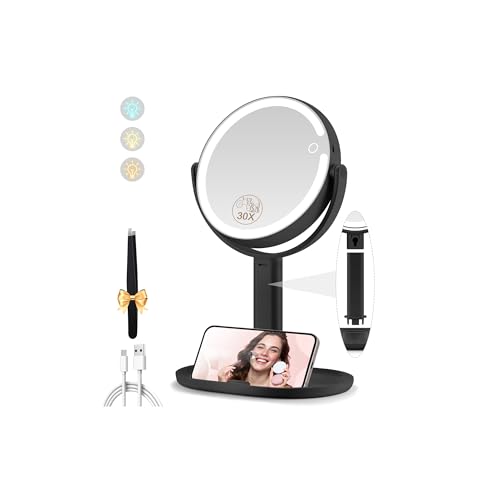 MOMOKUBA Makeup Mirror with Lights, 1x/30x Magnifying, Rechargeable