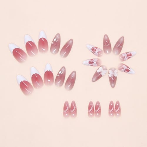 YIHONGYAN Almond Cat Eye Bow Nail Kit - French Press-On False Nails for Women, Blush Art Tips, 24Pcs