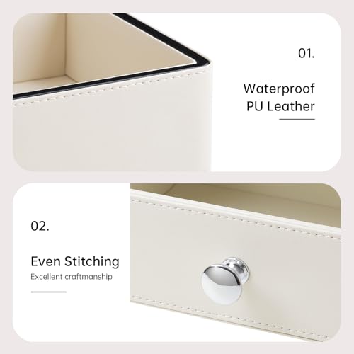 PU Leather Makeup Organizer with Drawer, Waterproof Cosmetic Storage Box, Multifunctional Nightstand Vanity Organizer for Skincare, Perfume, Jewelry, Bathroom Countertop (Beige)