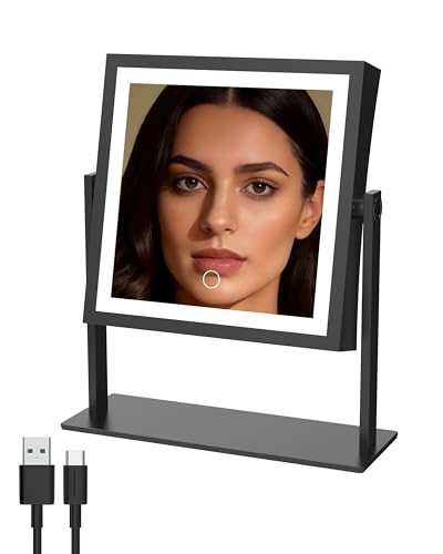 Ruacq Matte Black Dual-Sided Makeup Mirror 1X/10X with Lights - Rechargeable