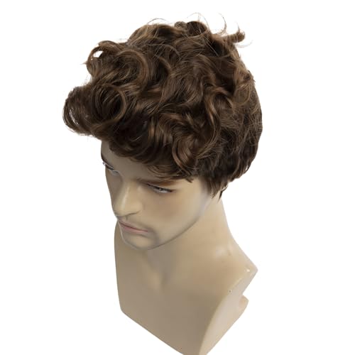 Baruisi Mens Short Brown Wig Natural Curly Fluffy Hair Wig Synthetic Cosplay Replacement Wig for Male