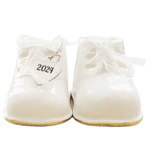 2024 Baby Shoe Christmas Ornament - White Personalized Baby Booties Ornament - Baby Shoe Ornament - Baby First Christmas, Birth, Baby Shower, Birthday, New Parents Gift Baby Girl and Boy