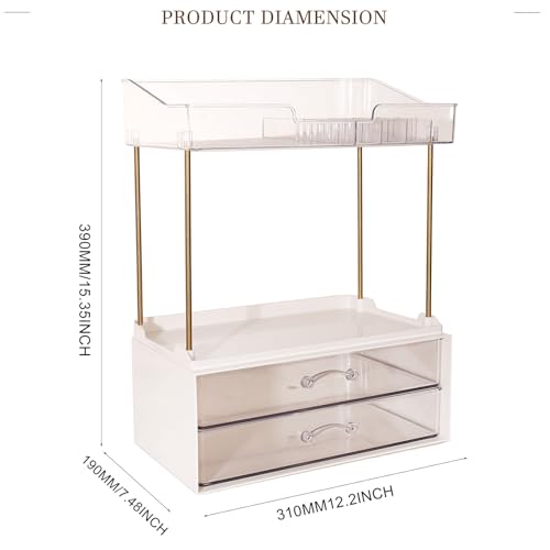 Elegant 2-Tier 2-Drawer Bathroom Countertop Organizer, Multi-Purpose Makeup & Skincare Organizer, Champagne Gold