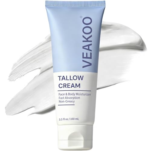 Veakoo Beef Tallow for Skin, Whipped Beef Tallow Cream, Unscented Face Moisturizer in Tube, Organic Grass Fed Tallow and Honey Balm for Nourishing Dry, Oily, Combination, and Normal Skin