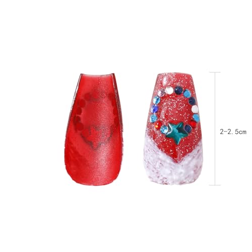 Fake Nails Handmade Press on Nails 3D Rhinestone Stylish Gel Reusable 10pcs Long Coffin Fake Nails Suitable for Halloween and Christmas (Red and Green-M)