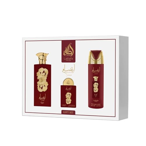 Lattafa Pride Ansaam Gold For Unisex 3 Piece Gift Set (3.4 Fl Oz EDP + 0.65 Fl Oz EDP + 6.67 Fl Oz Deo)
