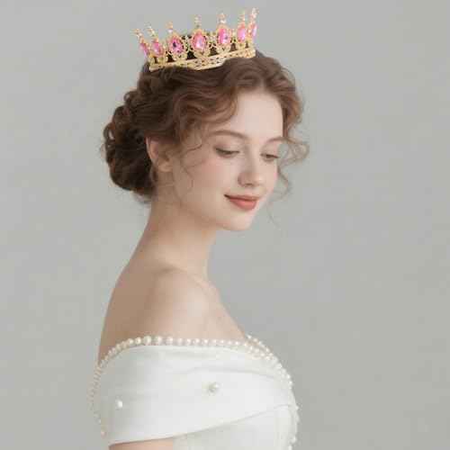 Pink Crown for Women Crystal Tiara and Queen Crown for Girl Wedding Headband for Bride Hair Accessories for Costume Birthday Party Cake Decoration Prom