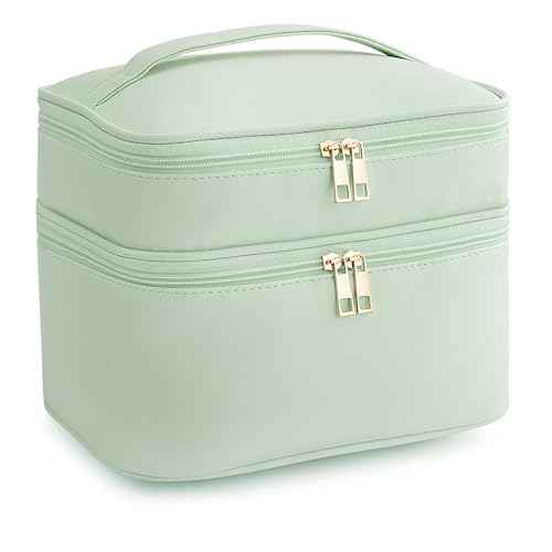 Makeup Bag for Women X-Large Travel Makeup Bag Organizer Portable Toiletry Bag Cute Makeup Bags Waterproof Leather Cosmetic Bag Makeup Case with Removable Dividers, Green
