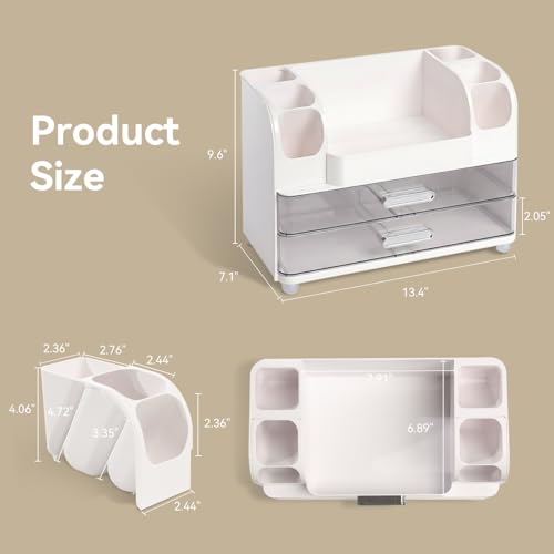Makeup Organizer with 2 Drawers & 6 Brush Holders | White
